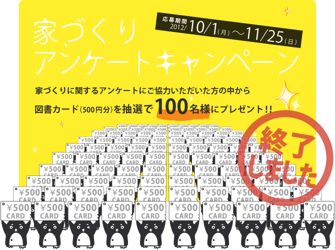 図書カード（500円分）を抽選で100名様にプレゼント！！家づくりアンケートキャンペーンは終了しました。